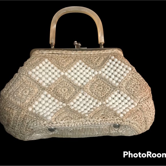Vintage Ivory White Beaded Evening Handled Clutch Purse w Snap Closure - Picture 4 of 9